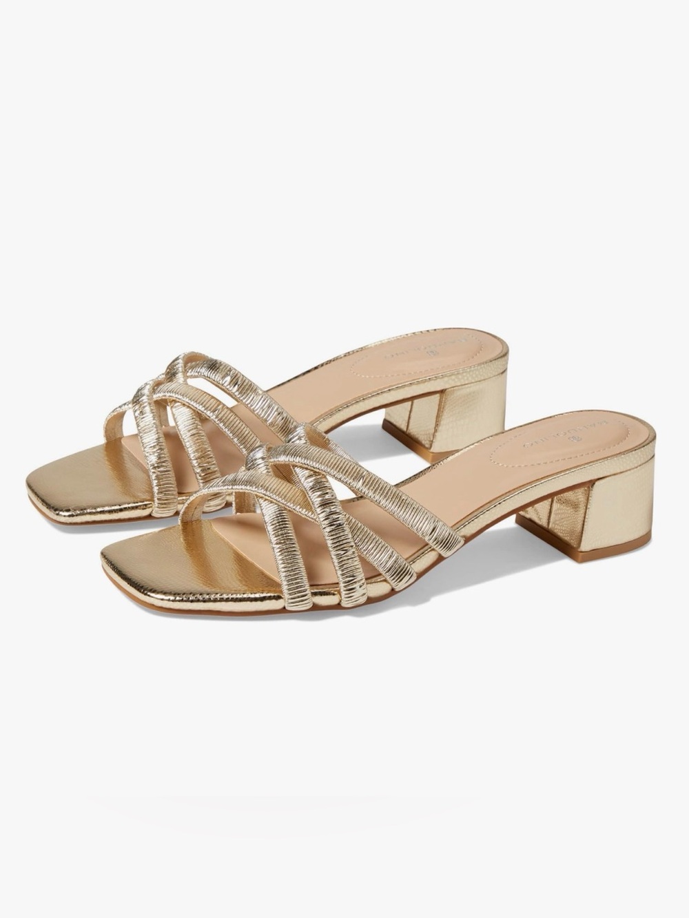 BANDOLINO Metallic Gold Strappy Low Block Heel Mules . Size 8.5